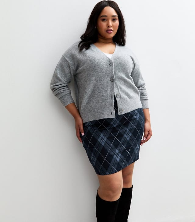 New Look Women's Plus Size Blue Checked Jacquard Tube Skirt Curves New Look - 3