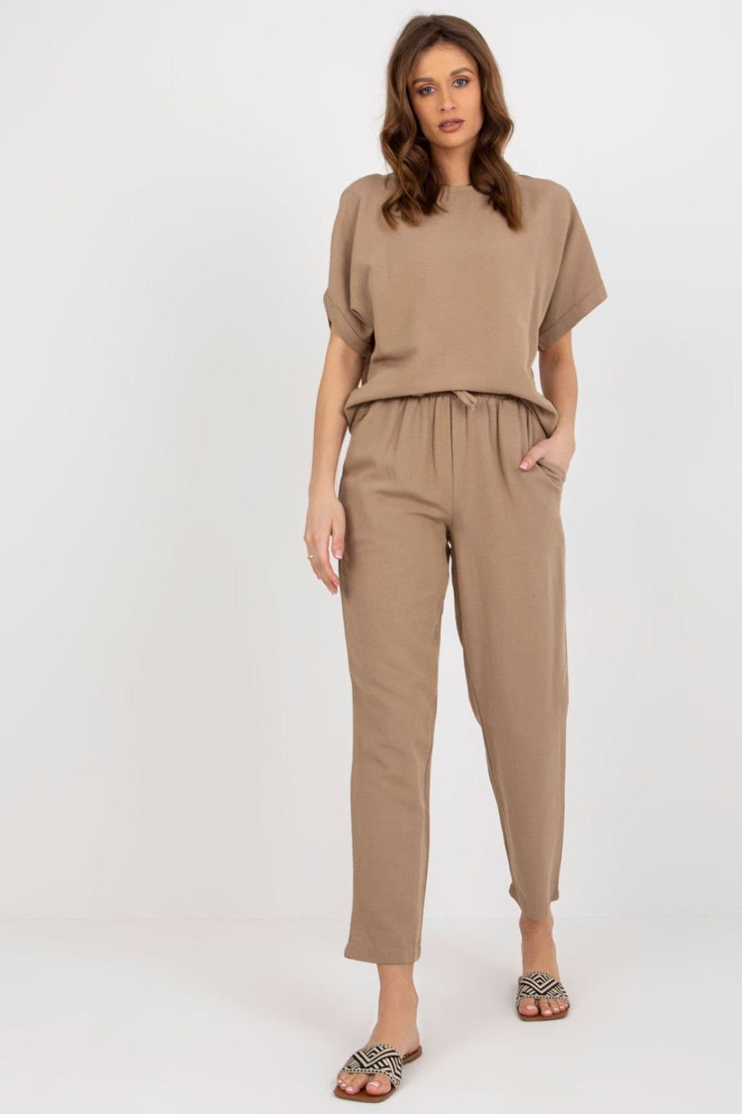 Love Lace Love Lace Women's Summer Blouse & High Waist Pants Set in Beige