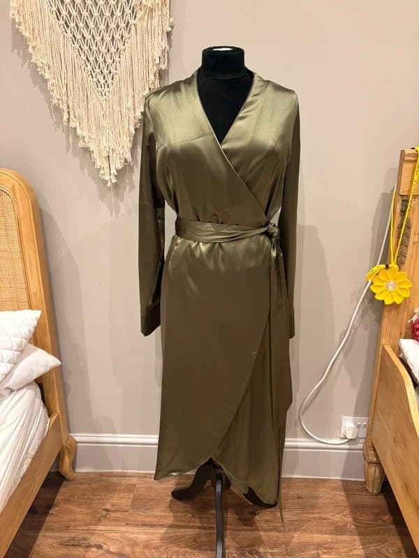 Never Fully Dressed Khaki, Never Fully Dressed, satin, midi wrap dress