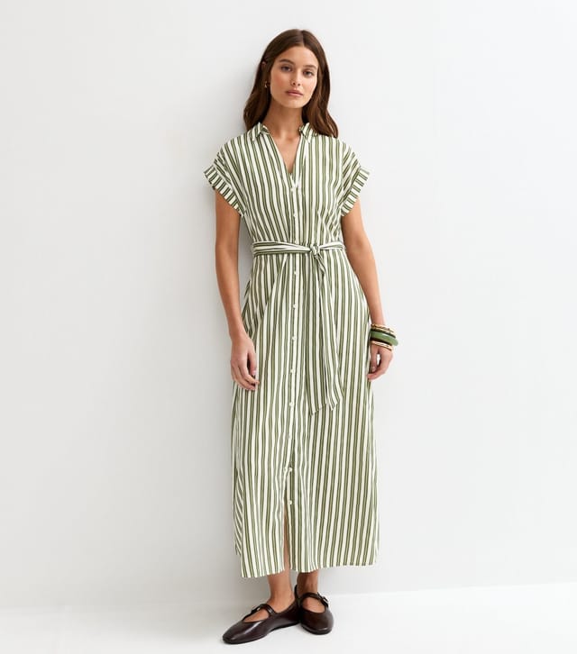 New Look Women's Green Striped Short Sleeve Midi Shirt Dress New Look - 3