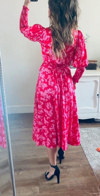 Never Fully Dressed Never Fully Dressed red pink floral print satin wrap midi dress size 8