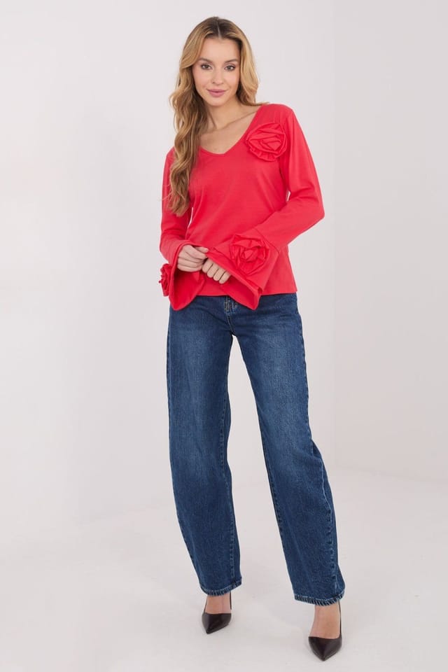 Love Lace Love Lace Women's Elegant Cotton Square Neck Bell Sleeve Blouse in Red - 2