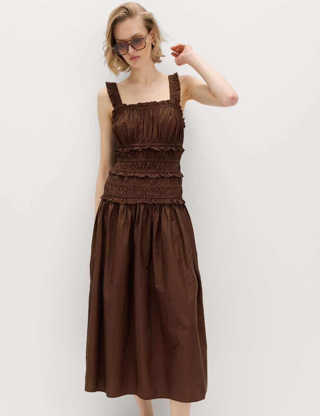 M&S Chocolate Pure Cotton Shirred Midi Dress