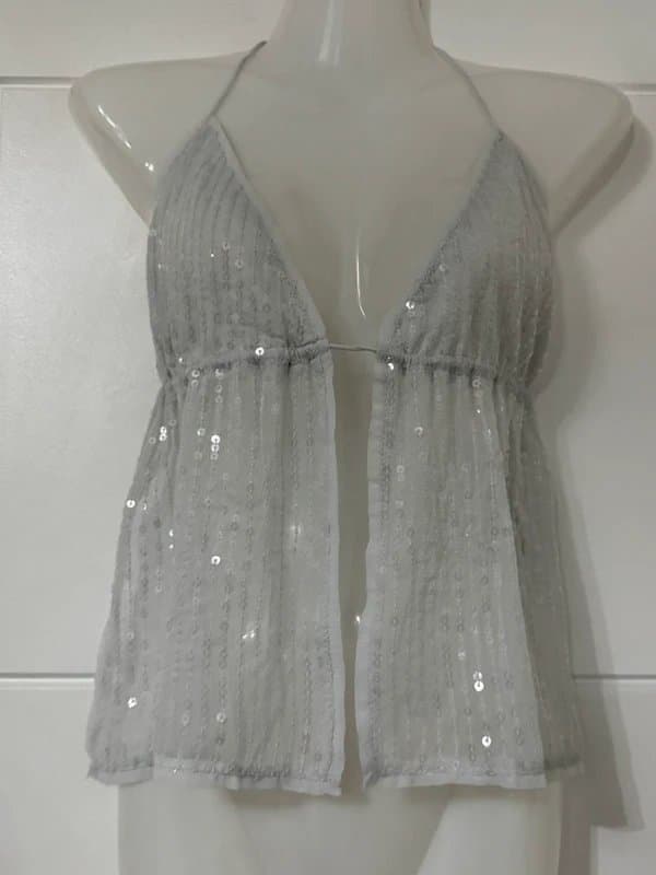 Bershka Grey sequin split front backless halter neck top, Bershka size M
