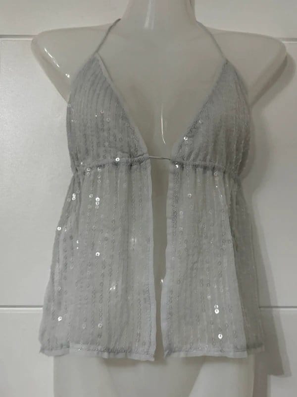 Bershka Grey Sequin Split Front Backless Halter Neck Top