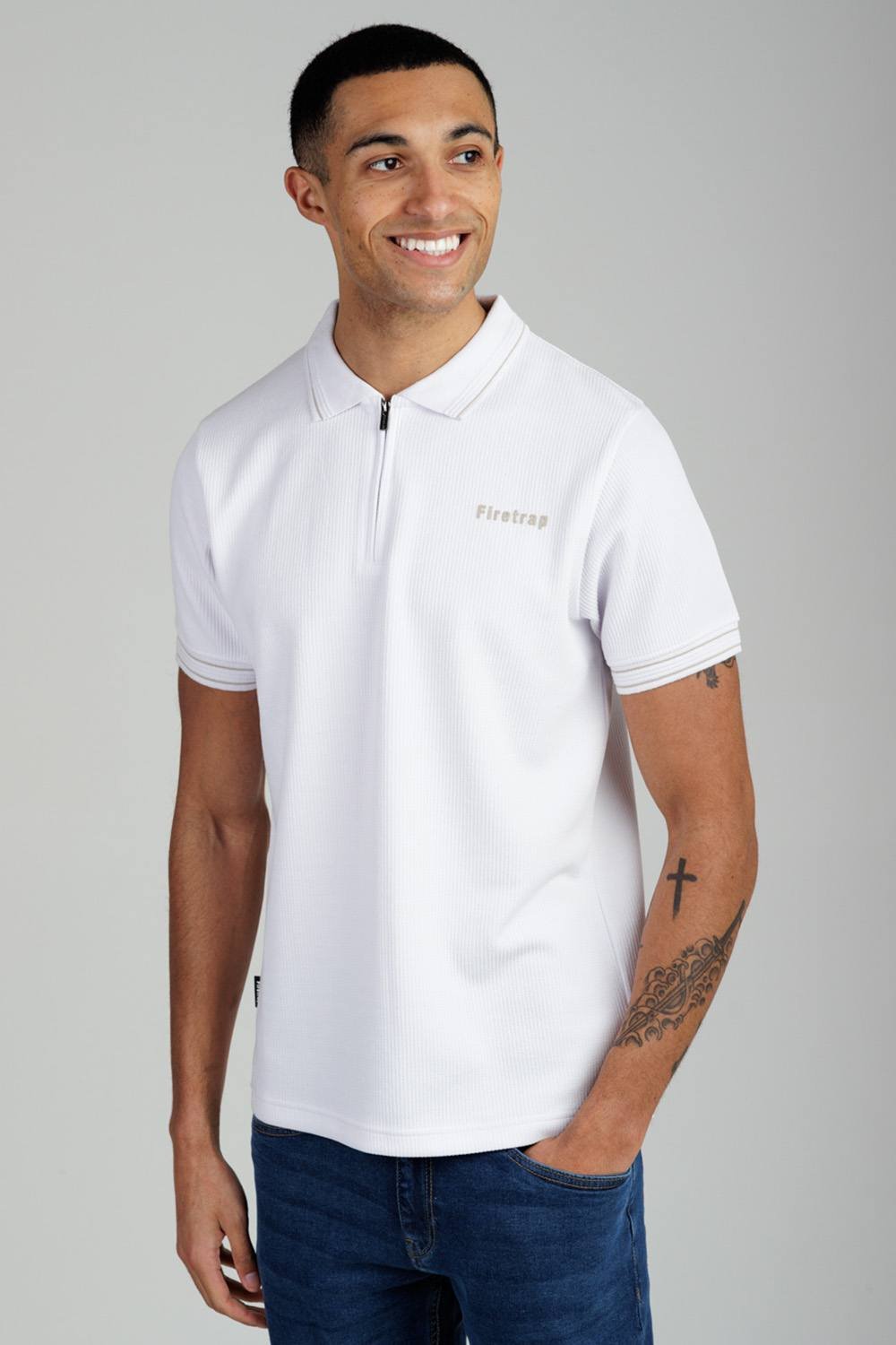 Firetrap Firetrap Men's Regular Fit Textured Zip Up Polo Shirt in White - 3