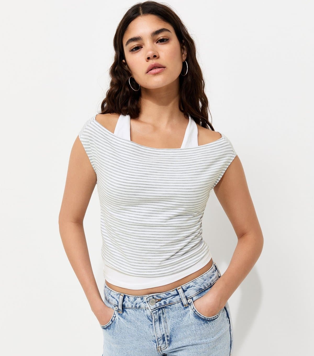 New Look Women's Grey Striped 2-in-1 Bardot Halter Top New Look