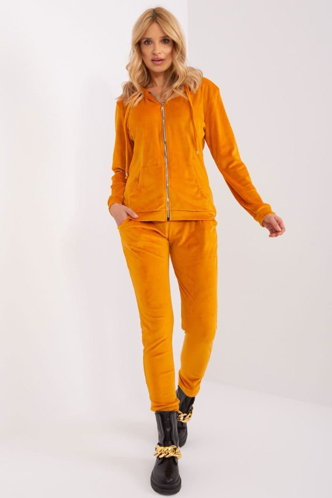 Love Lace Love Lace Women's Velour Hoodie Zip Sweat Set with Pants in Mustard