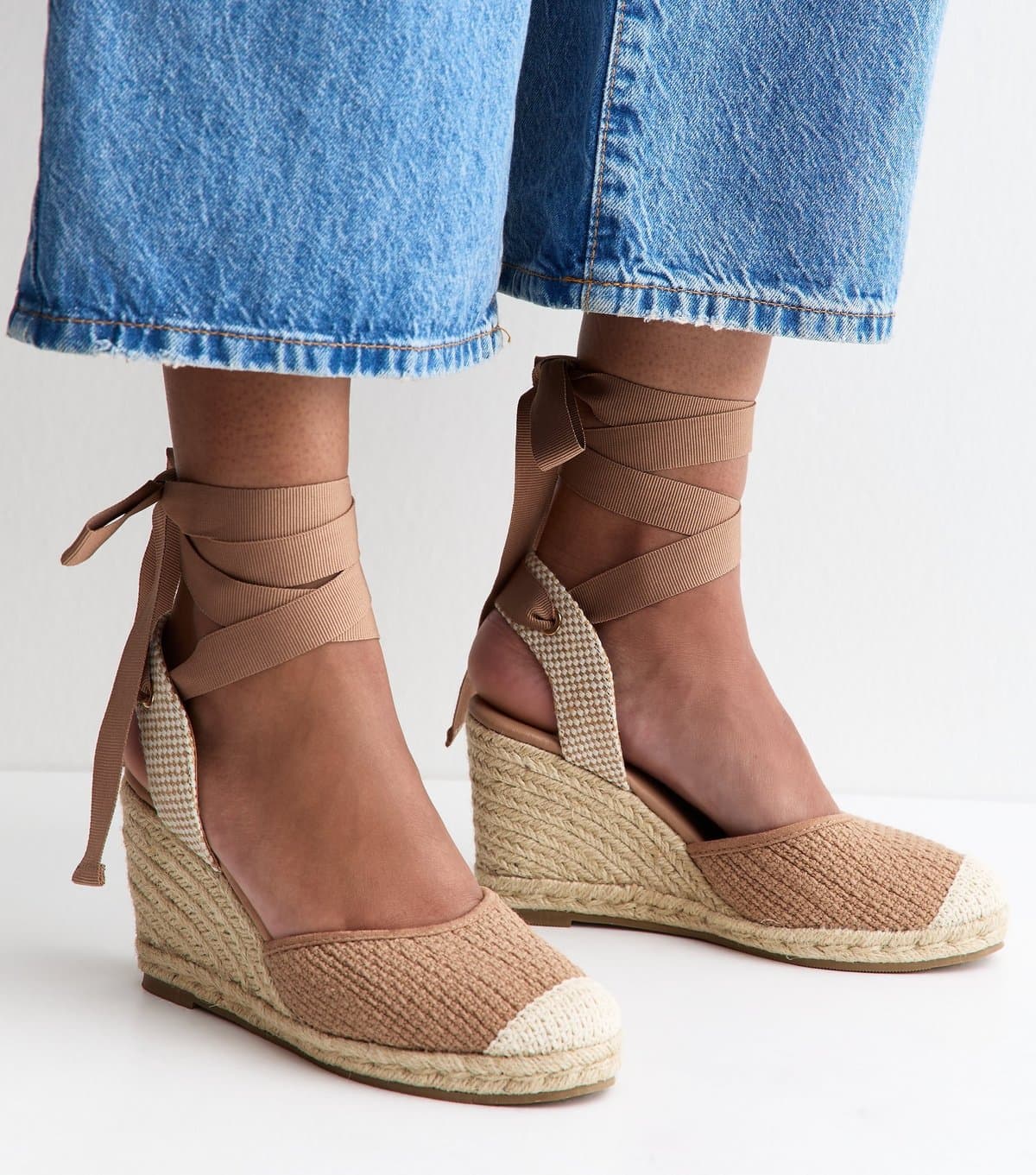 New Look Women's Light Pink Woven Ankle Tie Wedge Espadrilles Vegan New Look