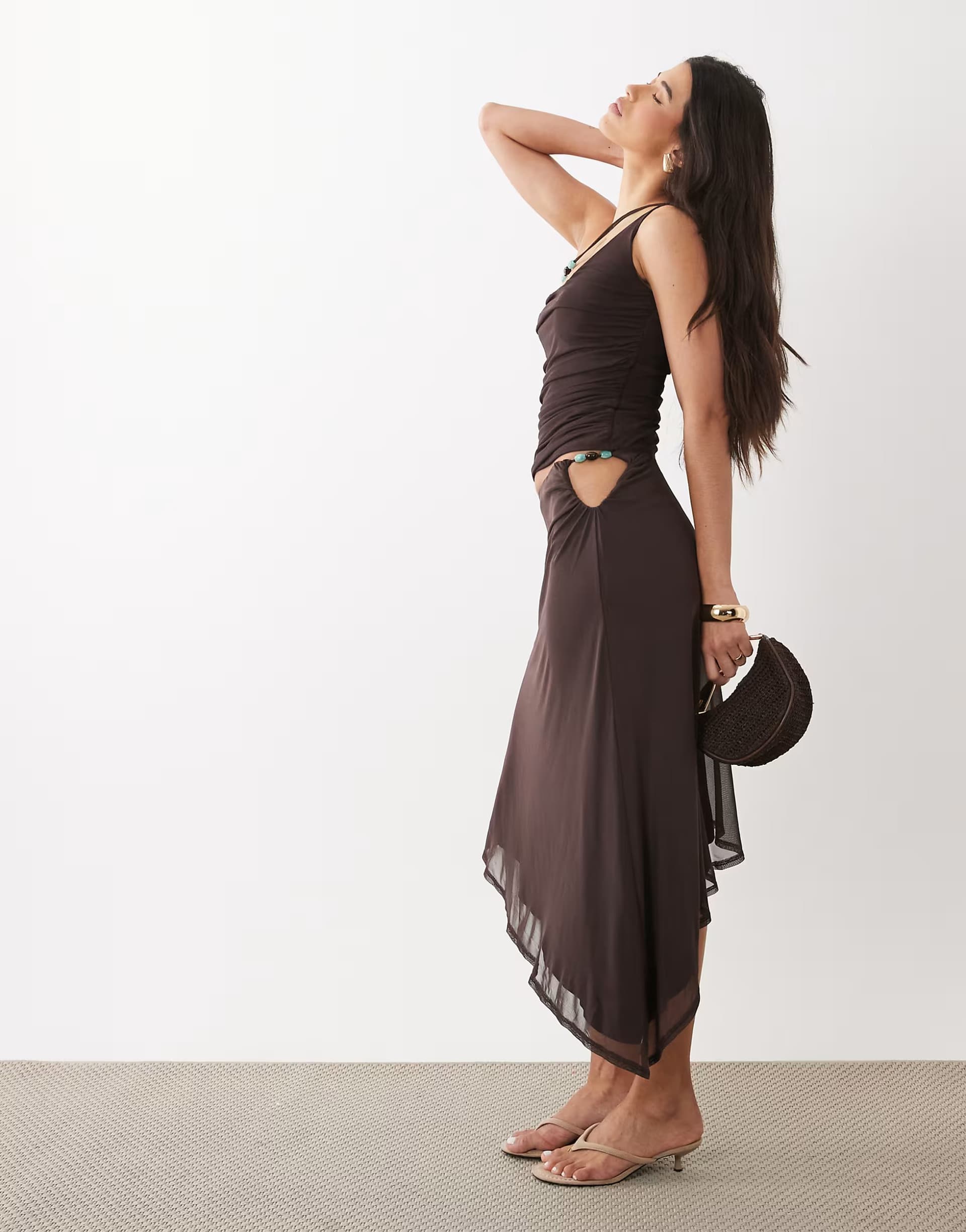 ASOS ASOS DESIGN Brown Mesh Asymmetric Midi Skirt with Beaded Trim