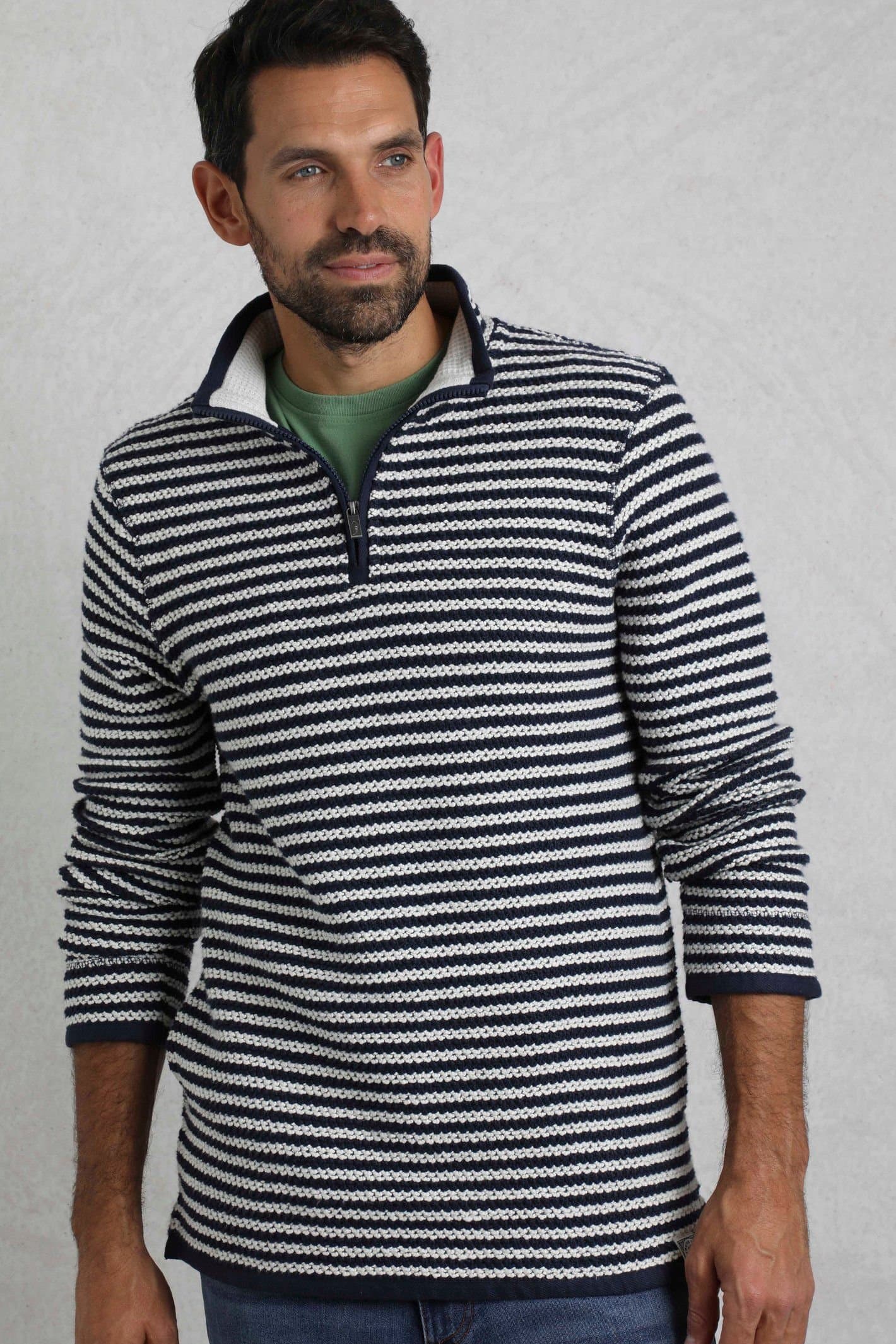 Weird Fish Weird Fish Men's Shorling 1/4 Zip Striped Macaroni Sweatshirt in Ecru
