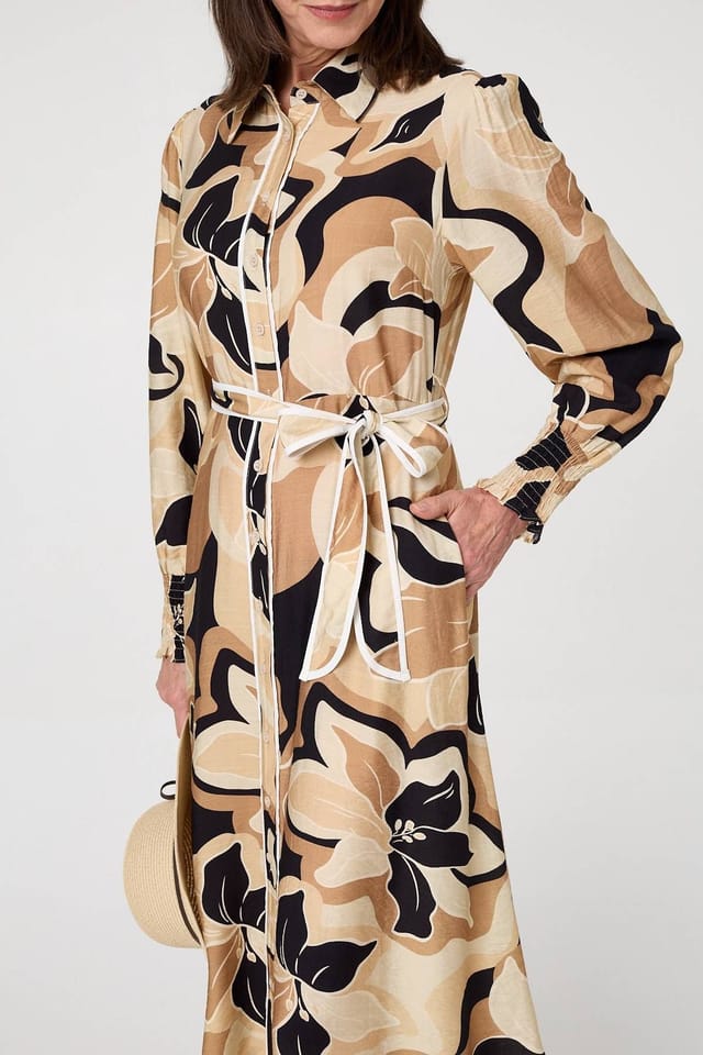 Izabel London Izabel London Women's Abstract Floral Midi Shirt Dress in Beige - 2