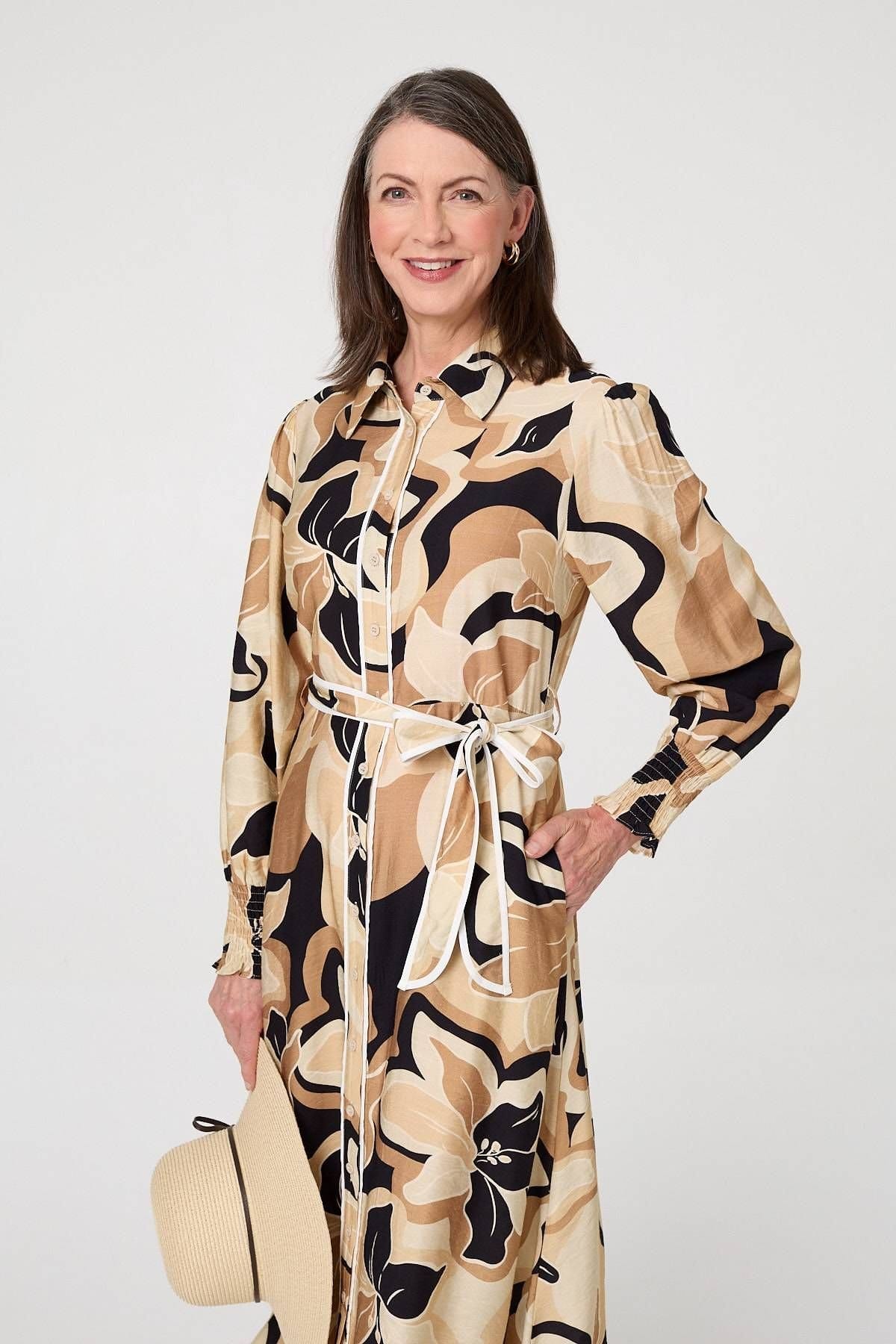 Izabel London Izabel London Women's Abstract Floral Midi Shirt Dress in Beige - 4