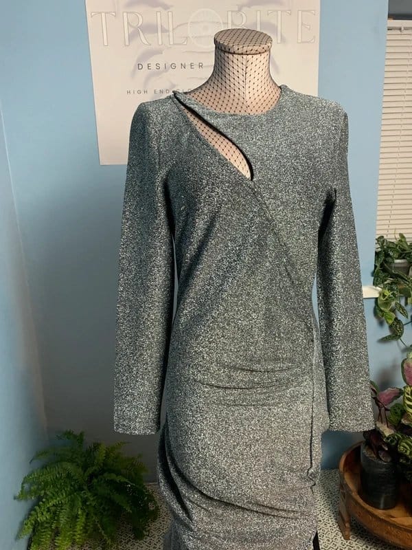 Anthropologie Silver Shimmer Long-Sleeve Midi Dress