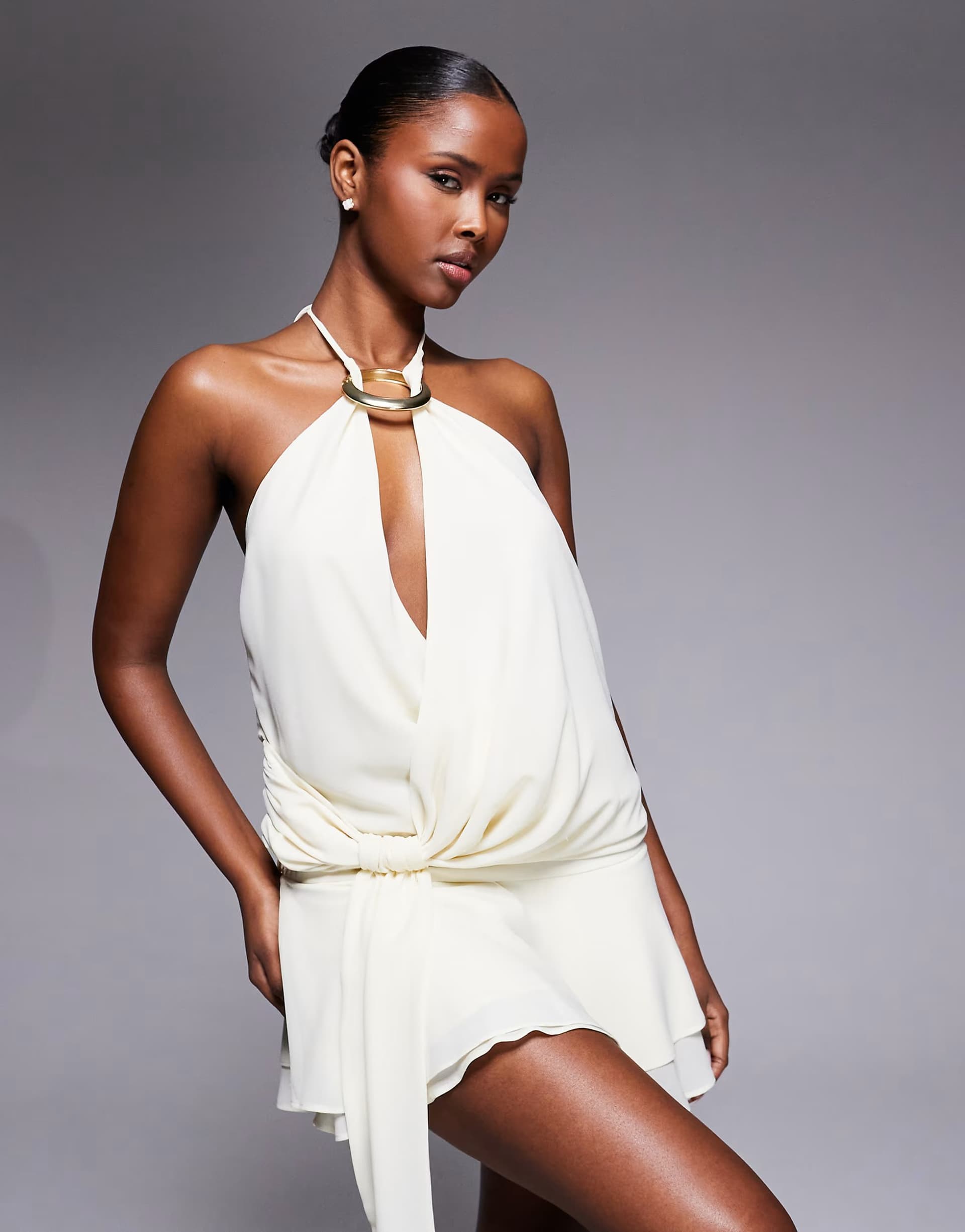 ASOS Tiger Mist Indigo 2.0 halterneck drape tie side multiway chiffon mini dress in white