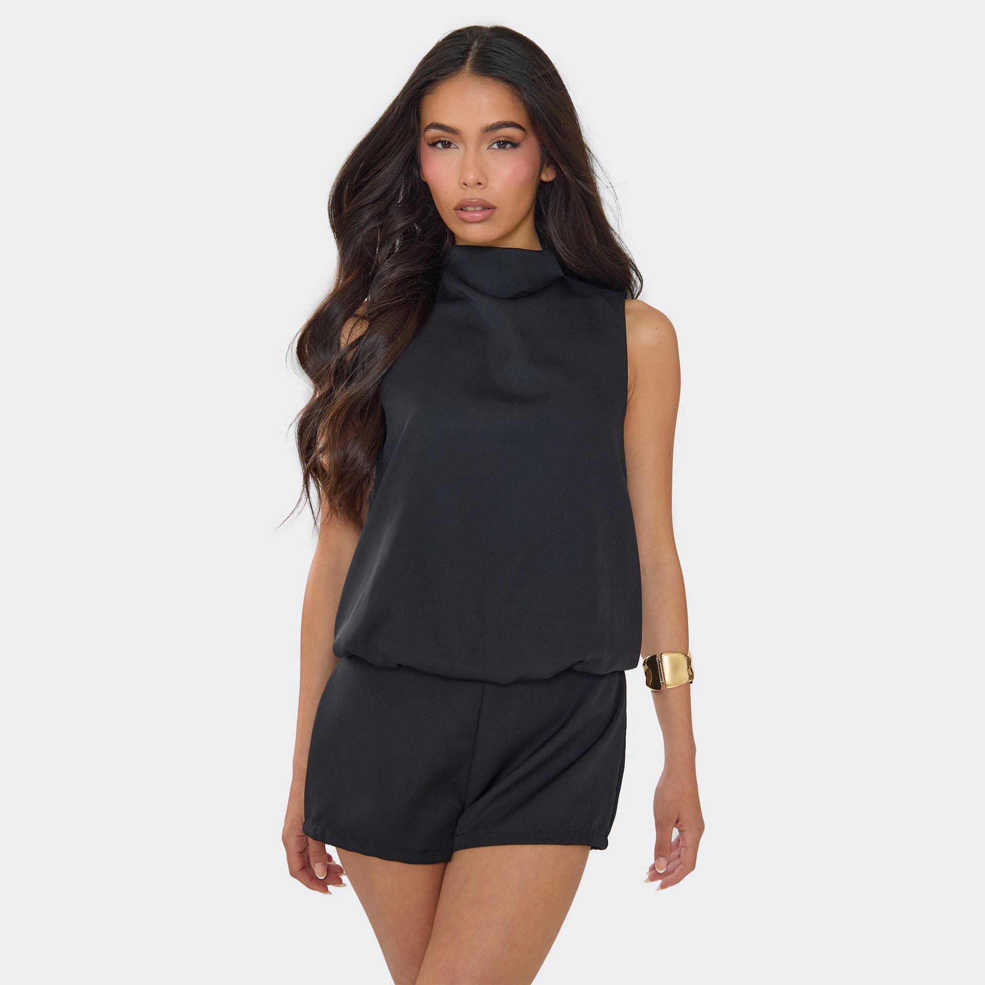 EGO High Funnel Neck Sleeveless Playsuit In Black, Women's Size UK 6