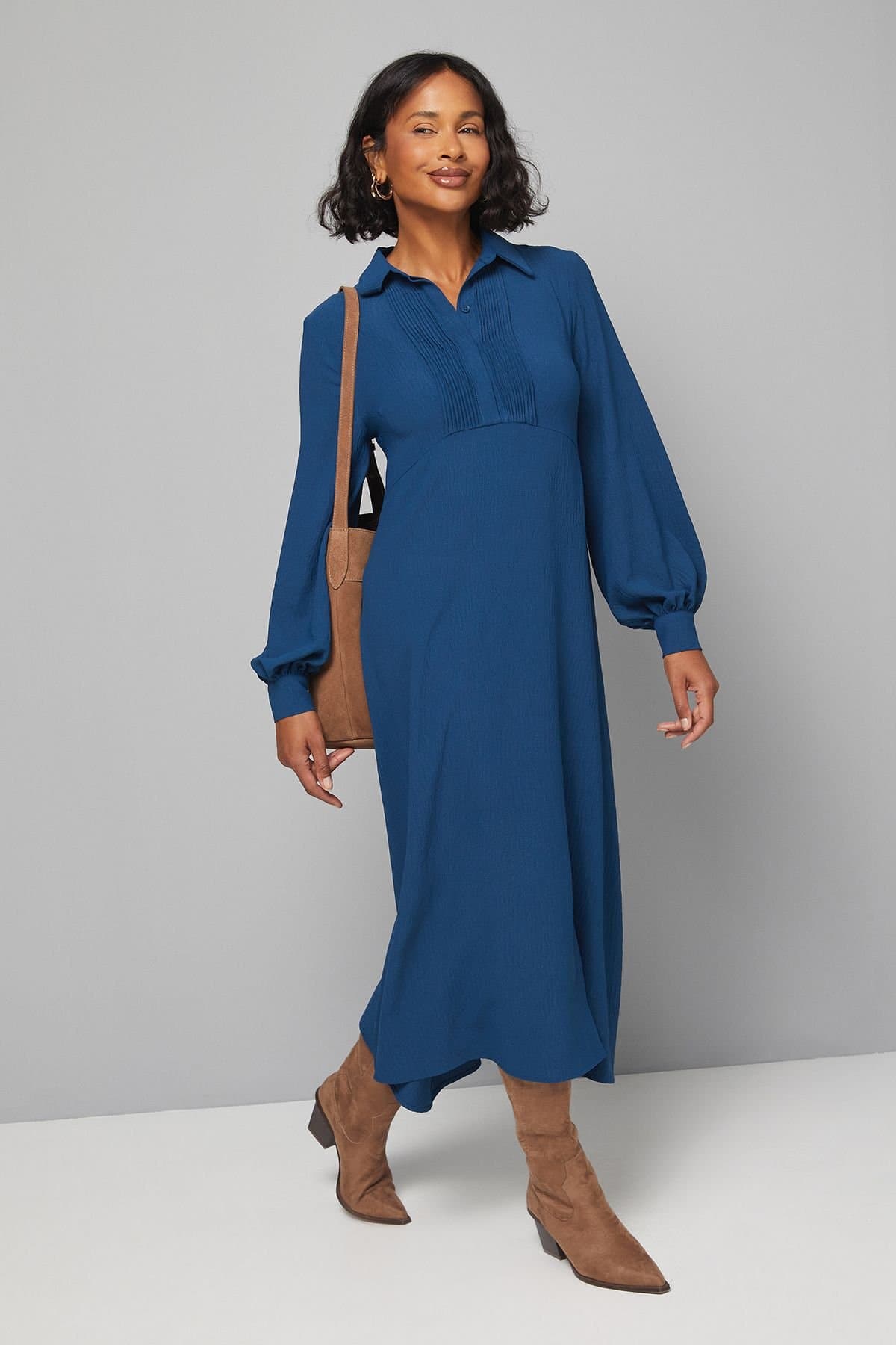 Wallis Wallis Women's Woven Pintuck Detail Trapeze Shirt Dress in Teal