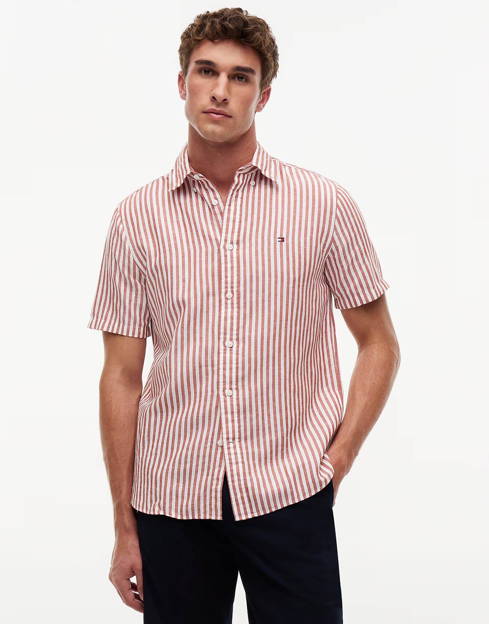 ASOS Tommy Hilfiger Regular linen blend bengal stripe short sleeve shirt in multi red