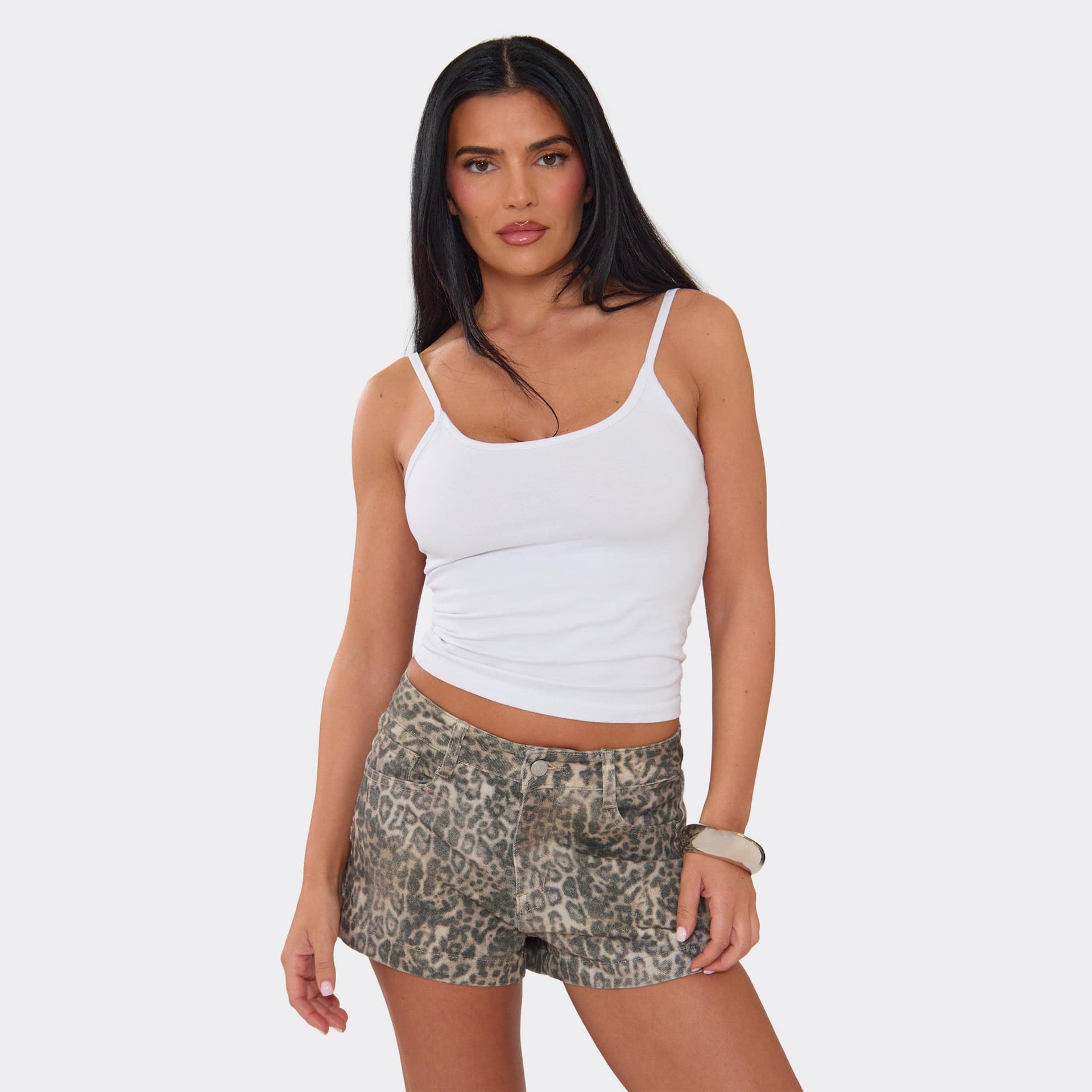EGO Mid Rise Mini Shorts In Brown Leopard Print Denim, Women's Size UK 8