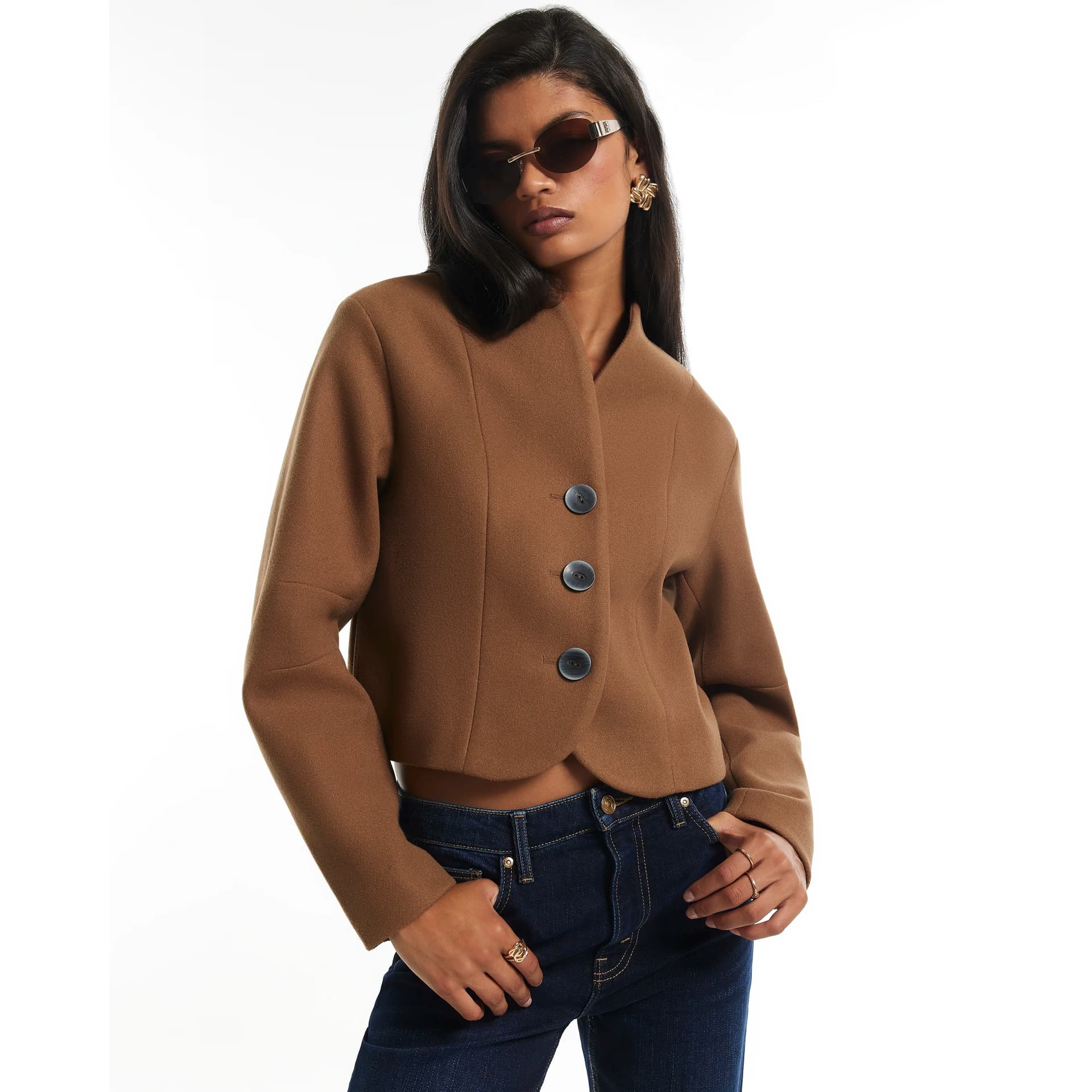 River Island River Island Womens Brown Collarless Button Up Jacket