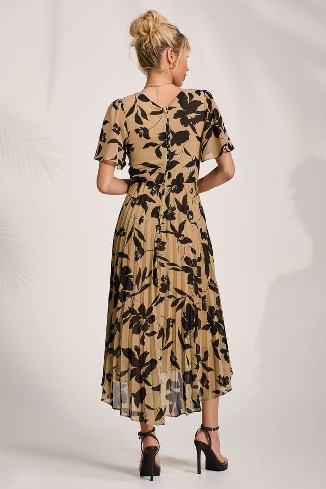 Jolie Moi Jolie Moi Women's Printed Chiffon Pleated Maxi Dress in Stone - 2