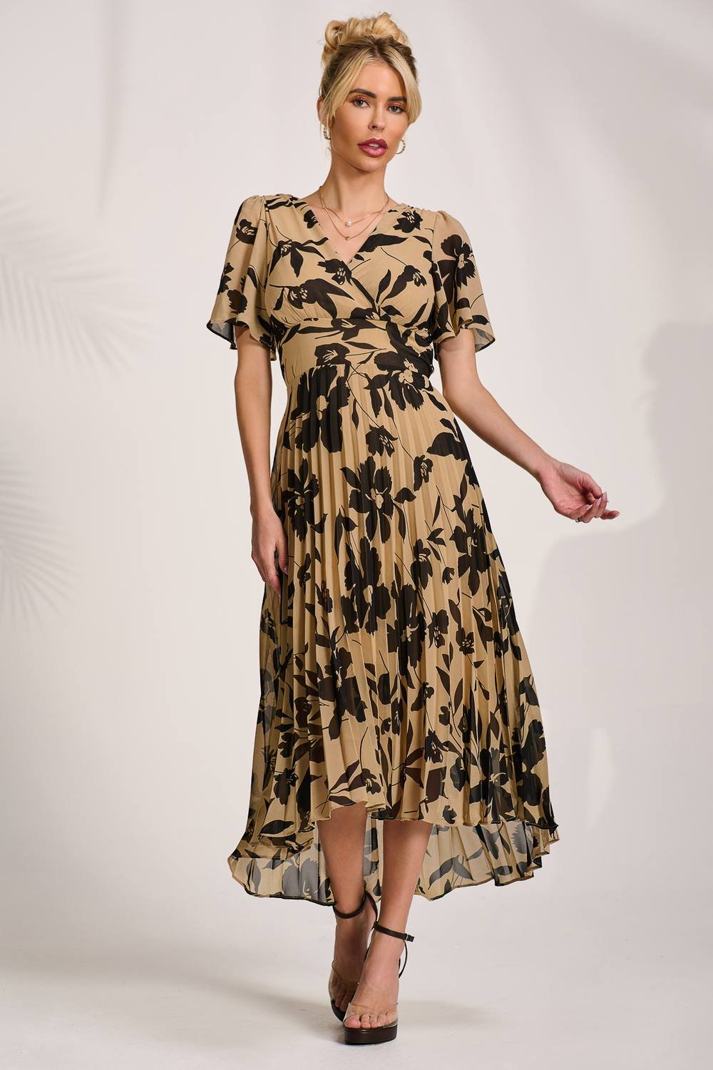 Jolie Moi Jolie Moi Women's Printed Chiffon Pleated Maxi Dress in Stone - 3