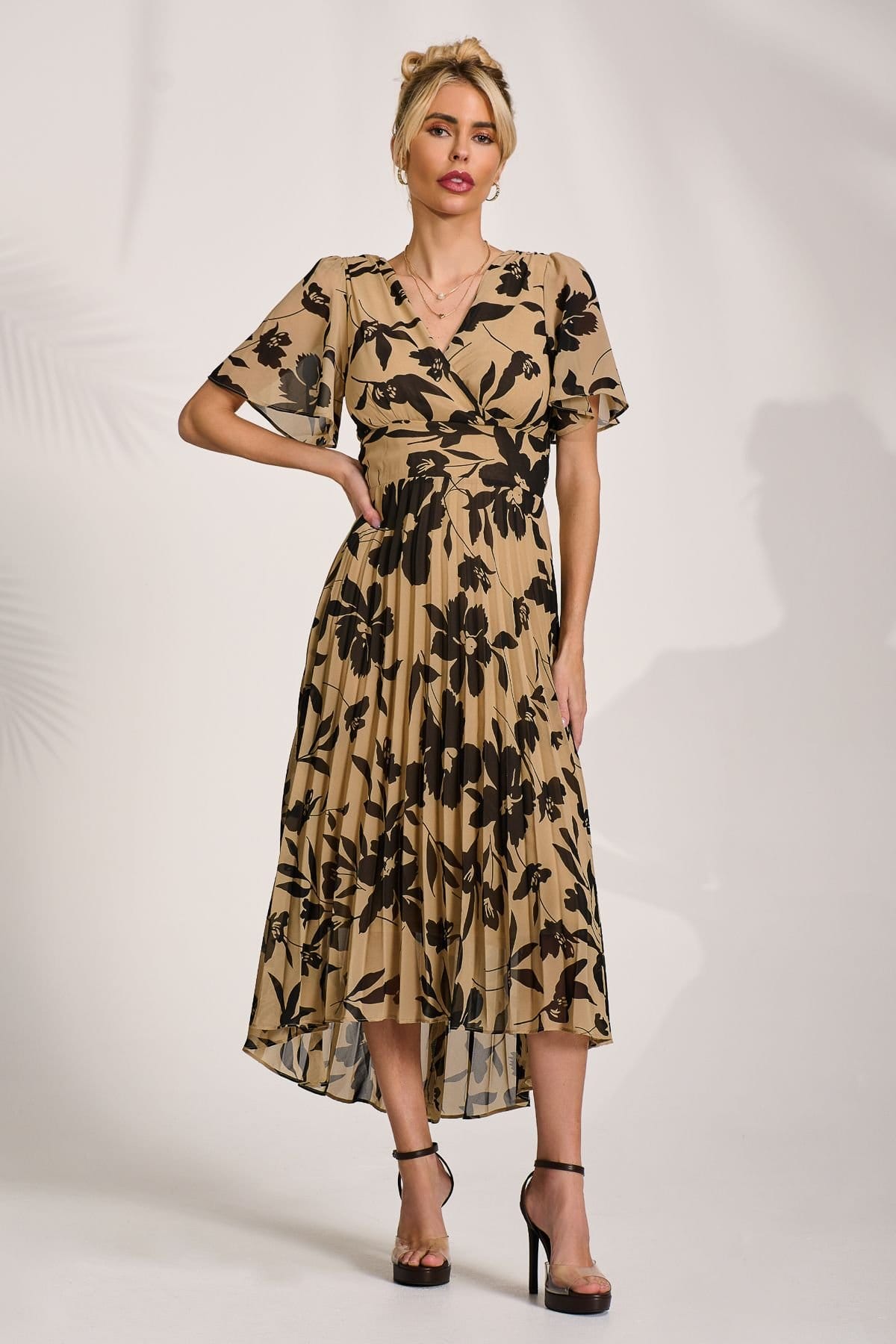 Jolie Moi Jolie Moi Women's Printed Chiffon Pleated Maxi Dress in Stone - 4