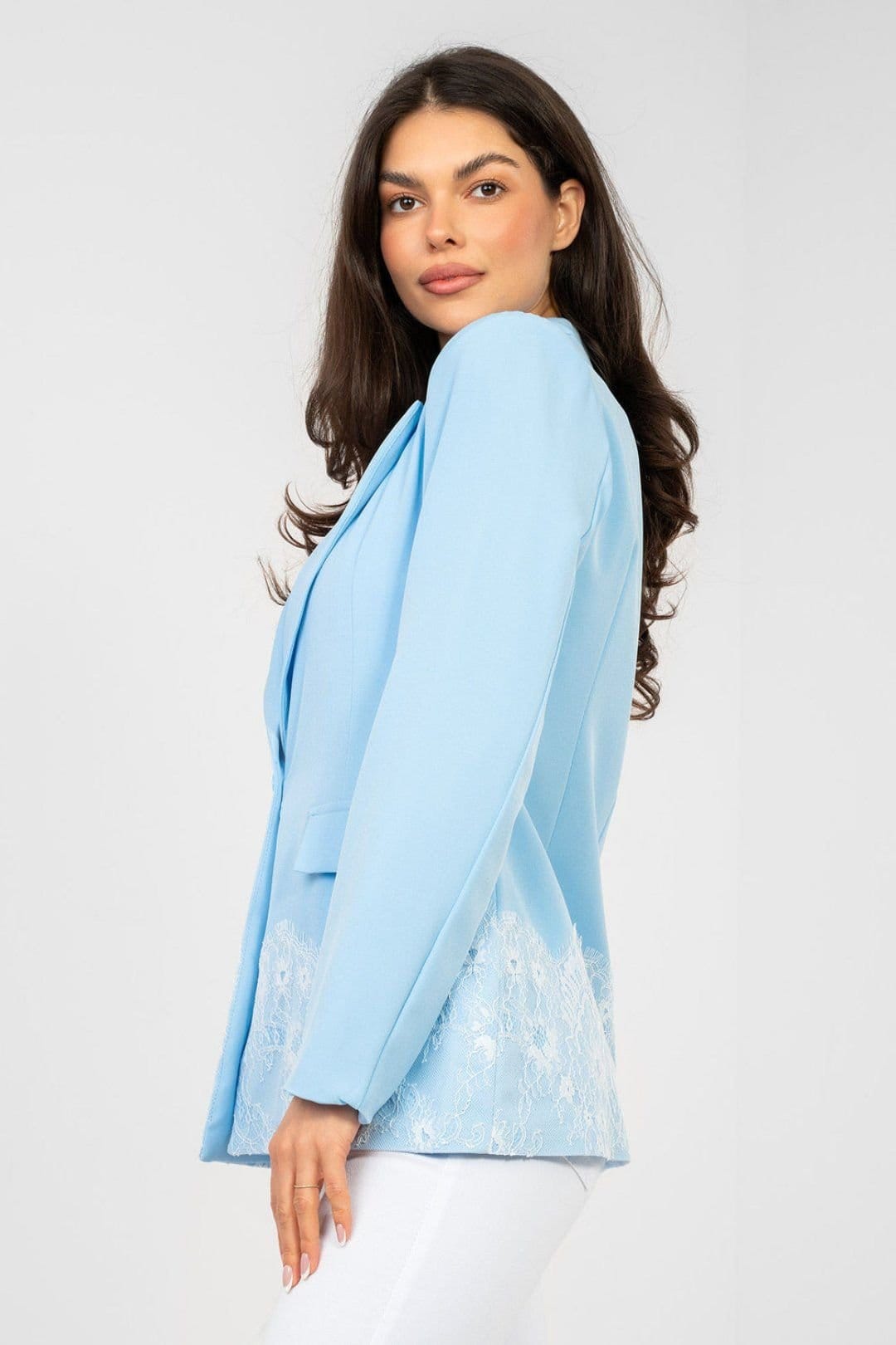 Love Lace Love Lace Women's Elegant Single Breasted Blazer with Lace Hem in Blue - 4
