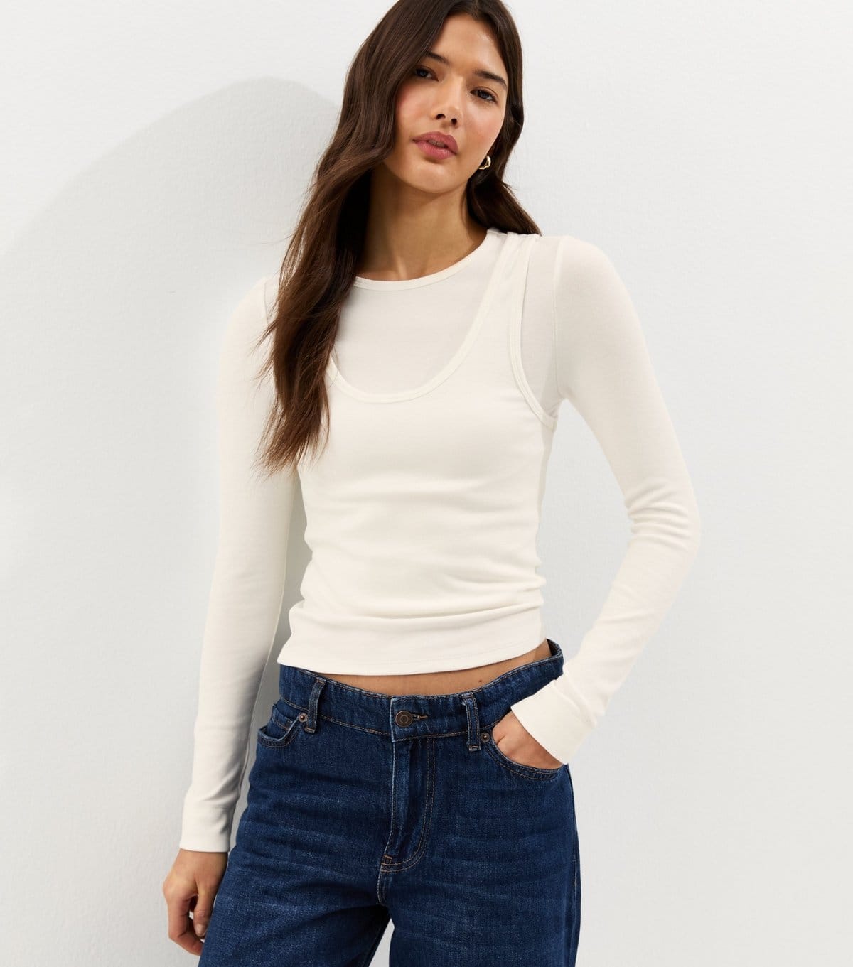 New Look Off White Long Sleeve Layered Top