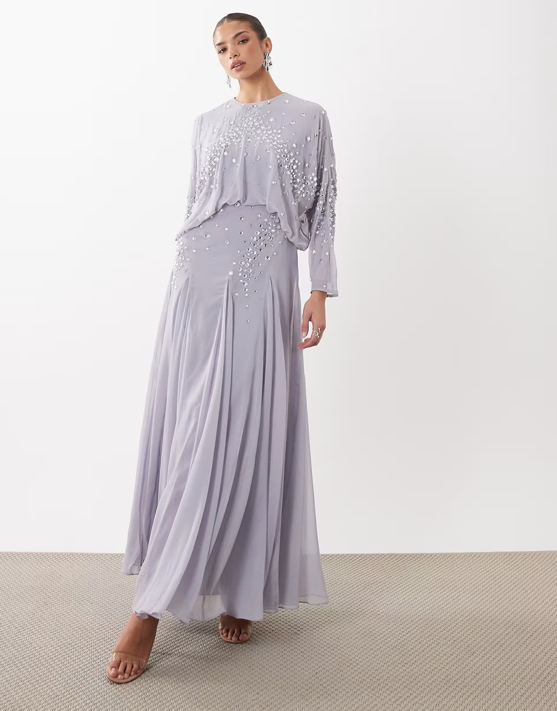 ASOS ASOS DESIGN blouson bodice embellished batwing sleeve maxi dress with godet hem in lilac
