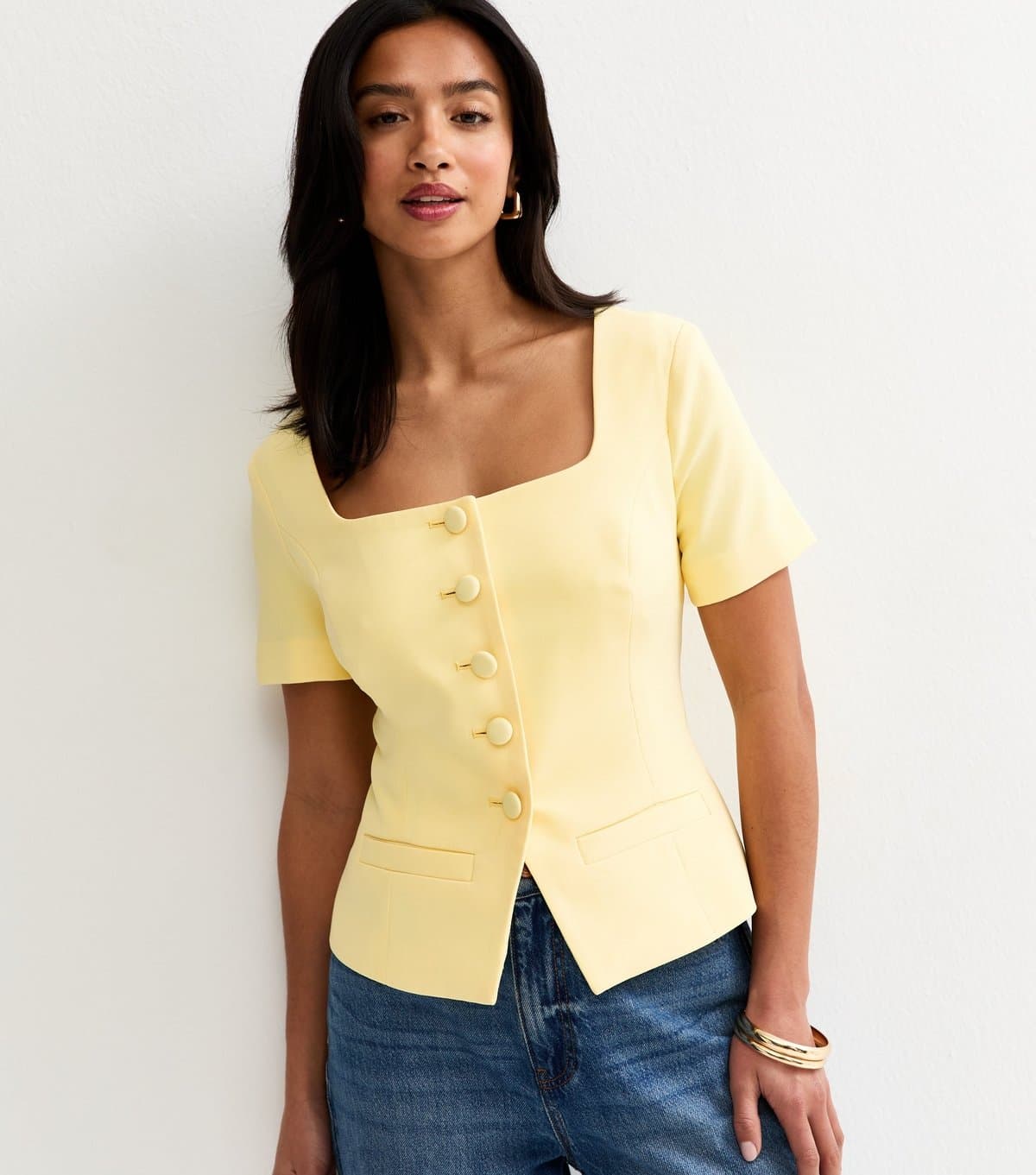 New Look Women's Petite Light Yellow Square Neck Short Sleeve Blazer Top New Look
