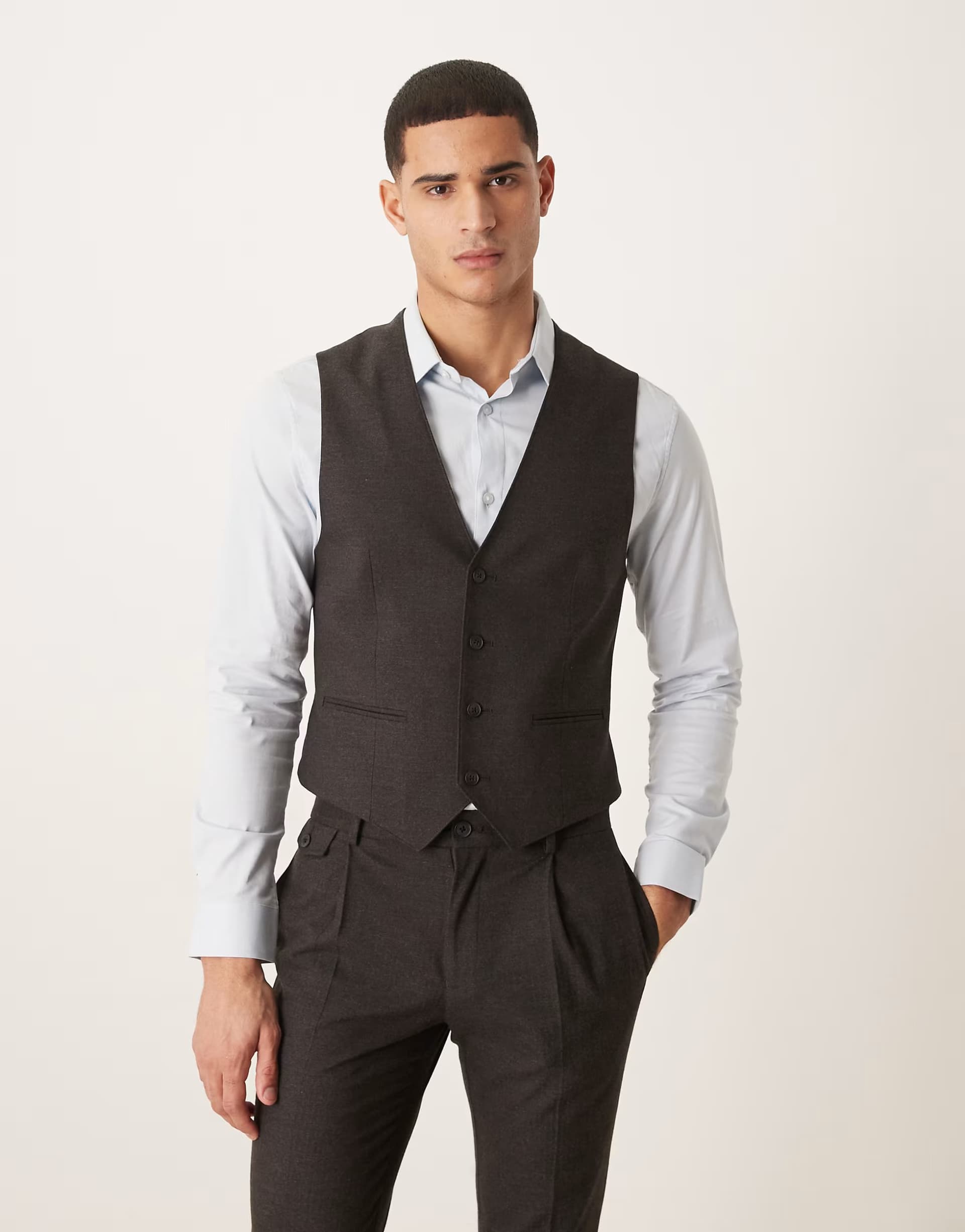 ASOS ASOS DESIGN skinny suit waistcoat in charcoal wool look herringbone