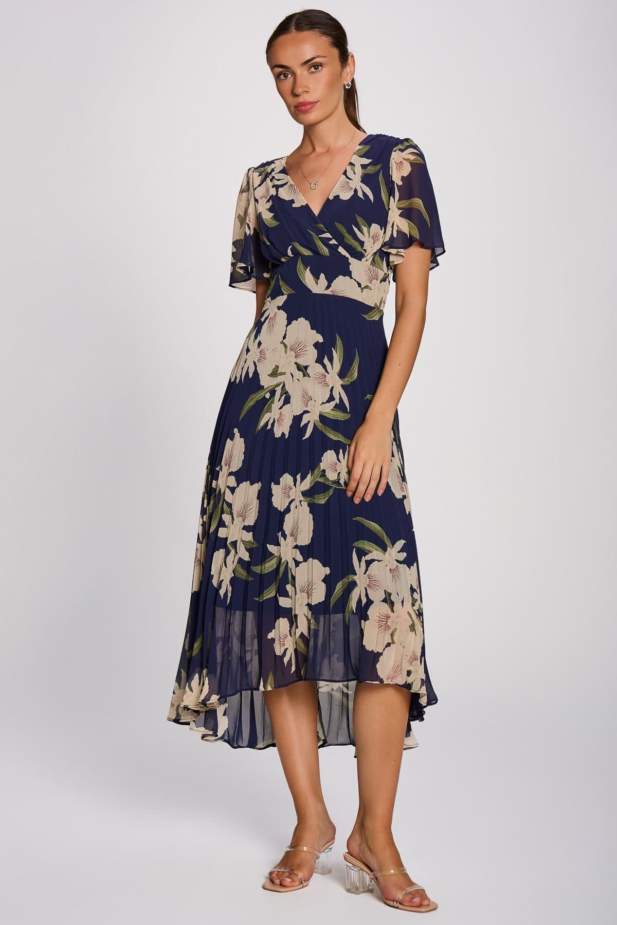 Jolie Moi Jolie Moi Women's Angel Sleeve Pleated Chiffon Maxi Dress in Mid Navy