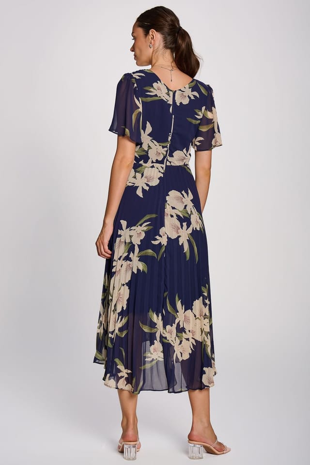 Jolie Moi Jolie Moi Women's Angel Sleeve Pleated Chiffon Maxi Dress in Mid Navy - 2