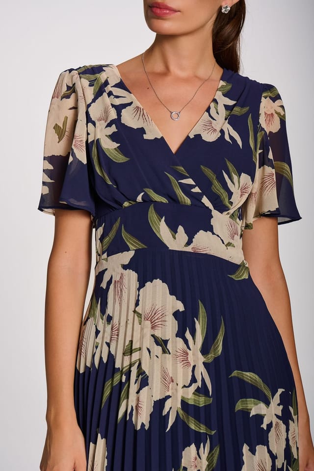 Jolie Moi Jolie Moi Women's Angel Sleeve Pleated Chiffon Maxi Dress in Mid Navy - 3