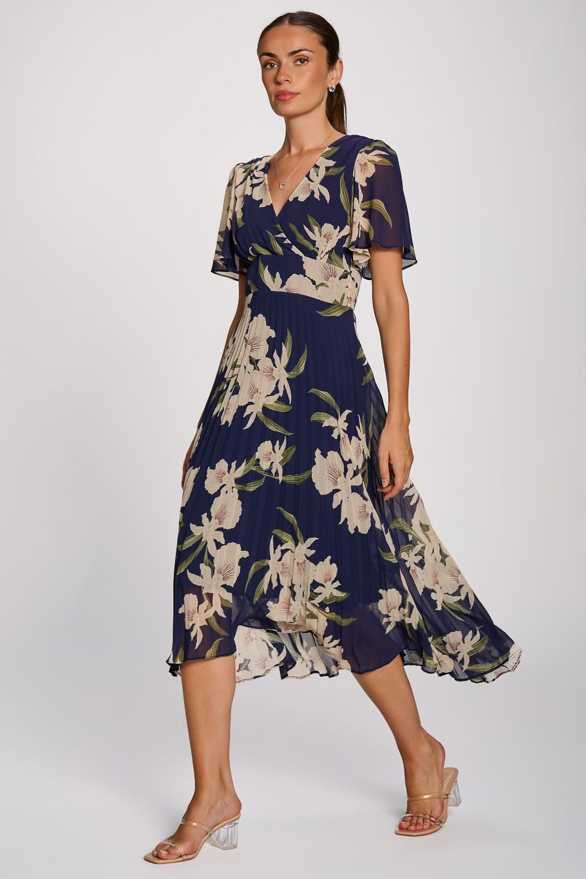 Jolie Moi Jolie Moi Women's Angel Sleeve Pleated Chiffon Maxi Dress in Mid Navy - 4