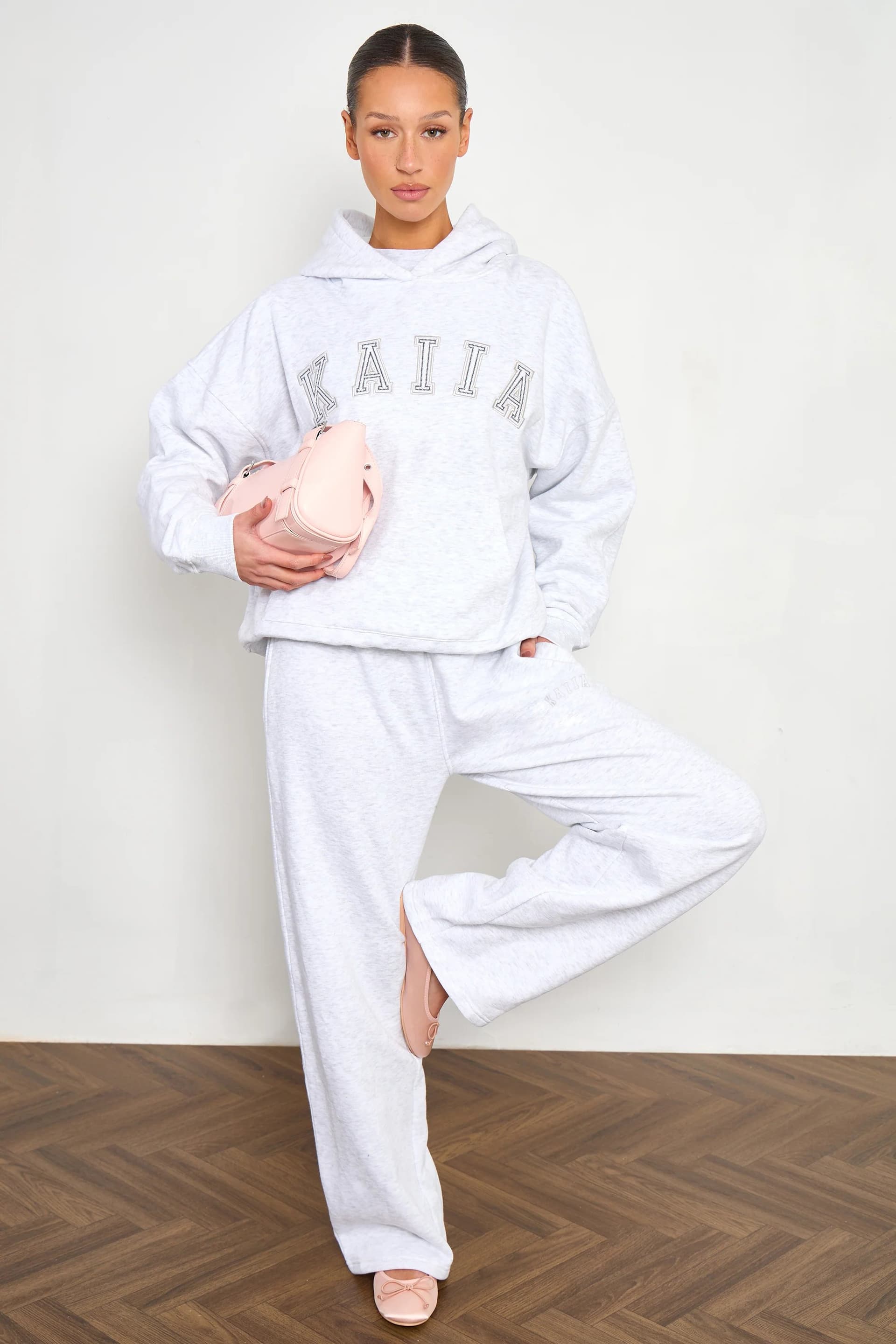 Kaiia Kaiia Stitch Slogan Wide Leg Joggers Light Grey Marl