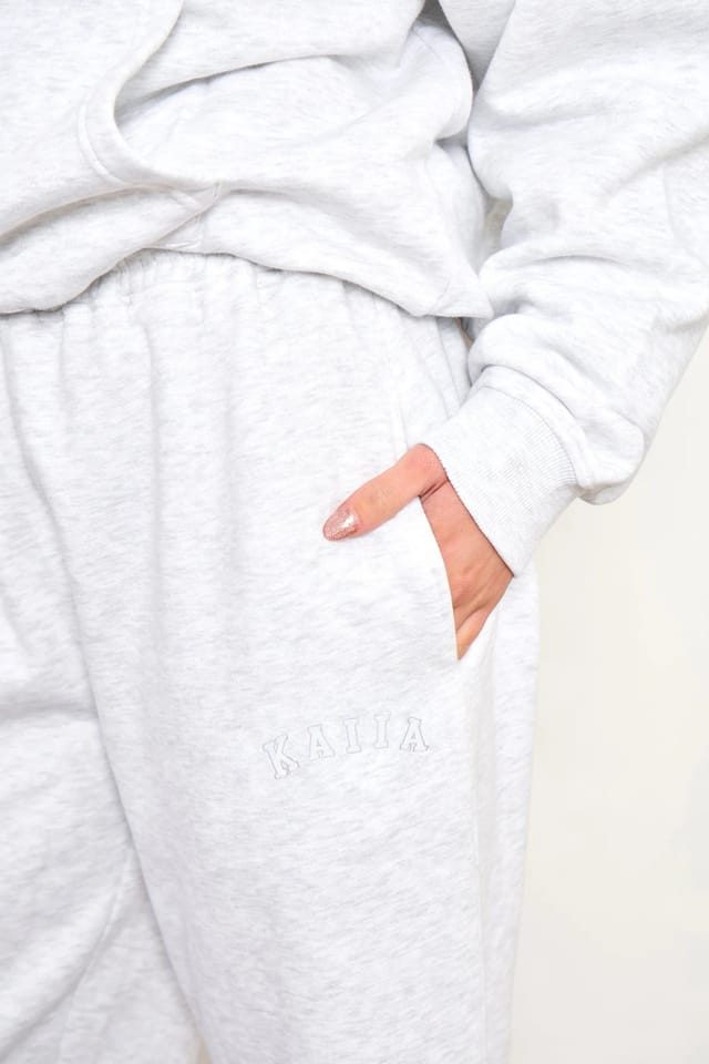 Kaiia Kaiia Stitch Slogan Wide Leg Joggers Light Grey Marl - 2