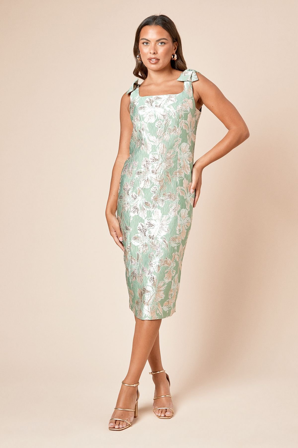 Dorothy Perkins Dorothy Perkins Women's DP Luxe Bow Shoulder Jacquard Midi Dress in Green - 2