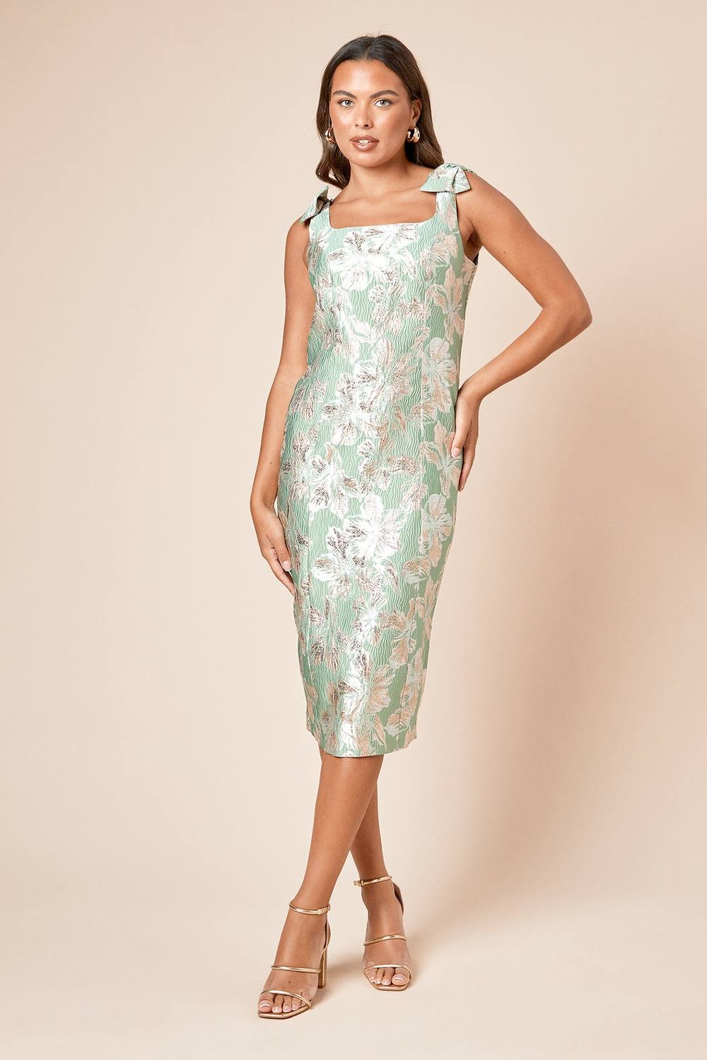 Dorothy Perkins Dorothy Perkins Women's DP Luxe Bow Shoulder Jacquard Midi Dress in Green - 3