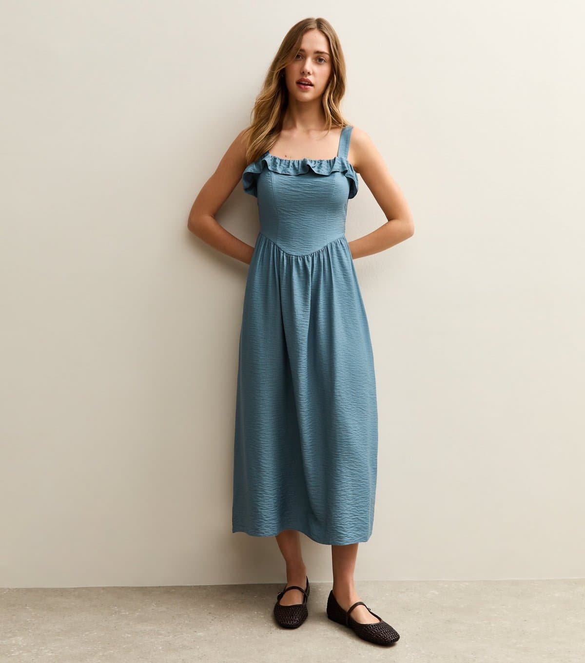 New Look Women's Blue Square Neck Frilly Trim Midi Dress New Look