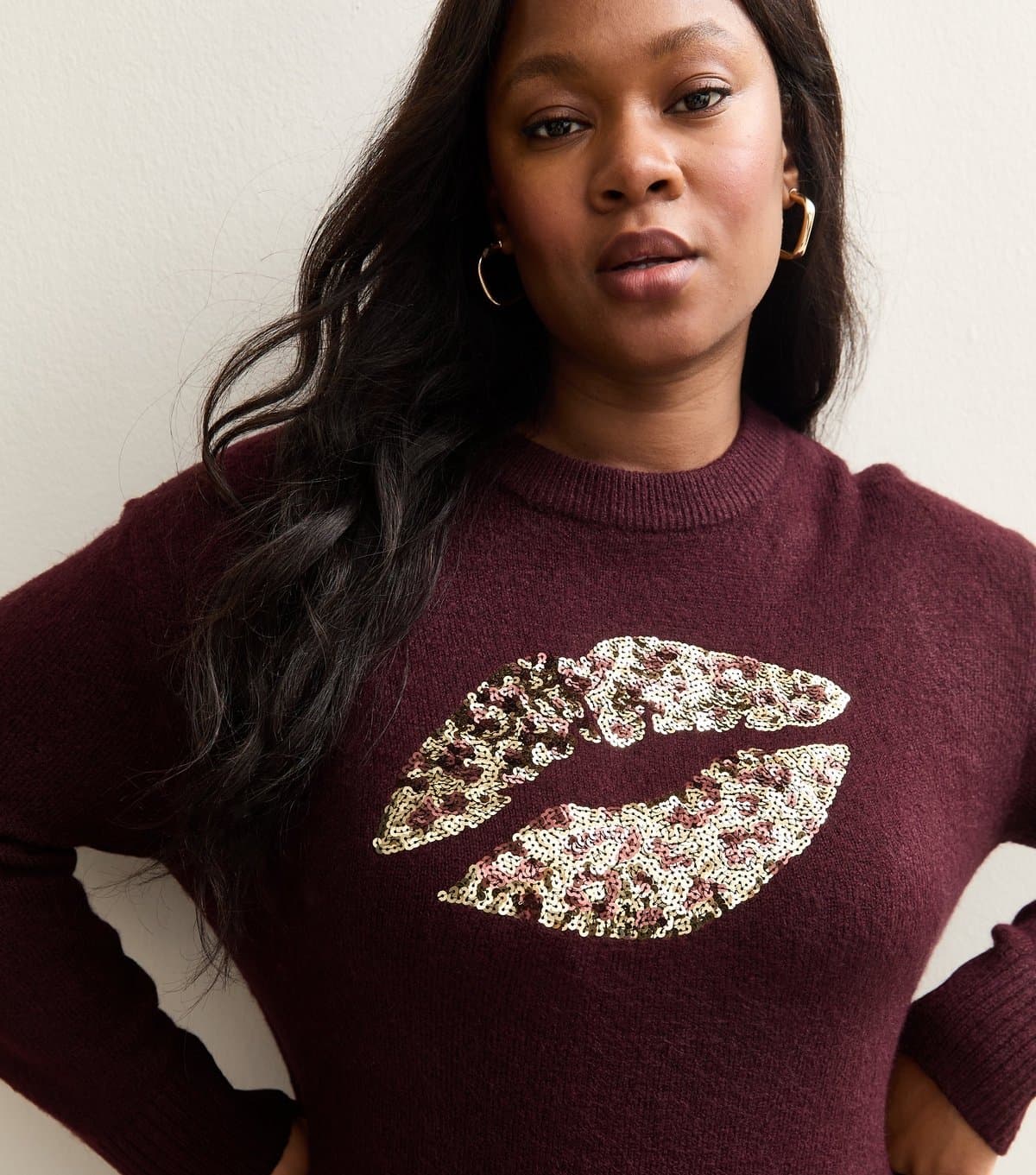 New Look Women's Plus Size Red Sequin Lips Embellished Jumper Curves New Look