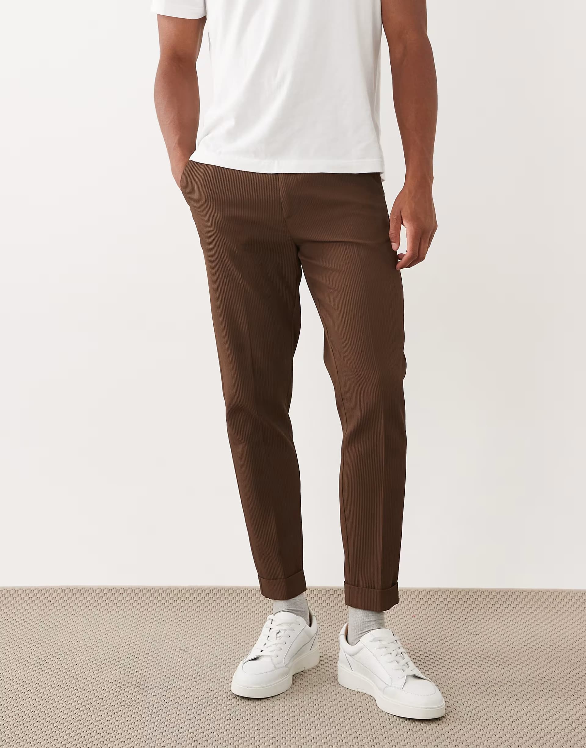 ASOS ASOS DESIGN tailored tapered comfort ribbed trousers in brown with turnup
