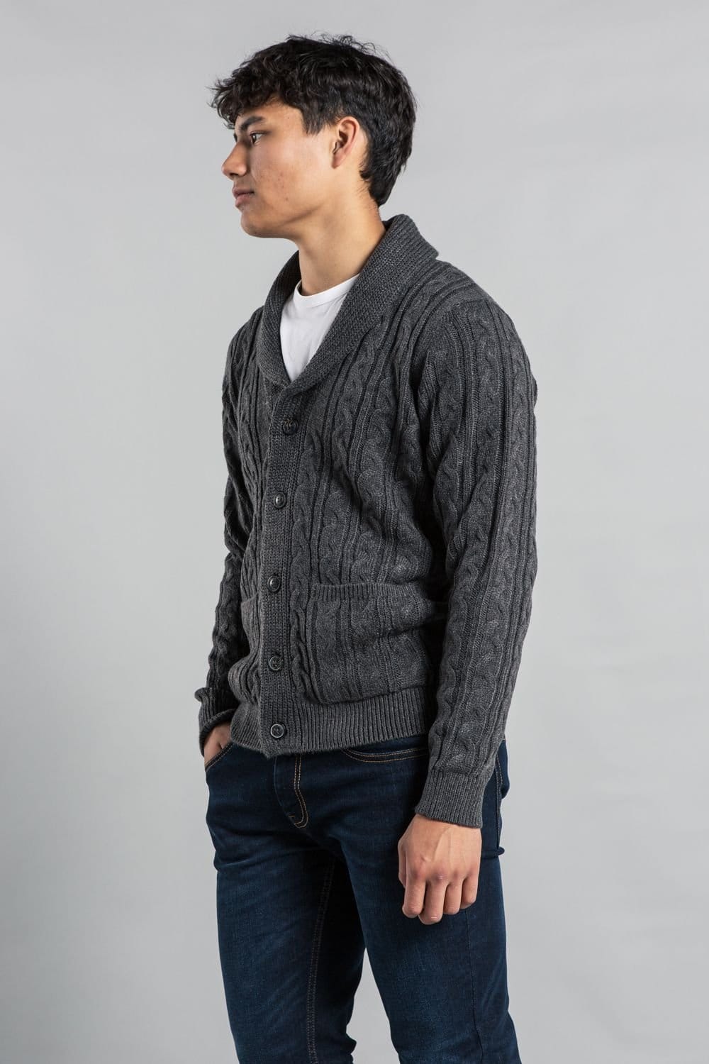 Tokyo Laundry Tokyo Laundry Men's Shawl Neck Cable Knit Cardigan in Charcoal - 4