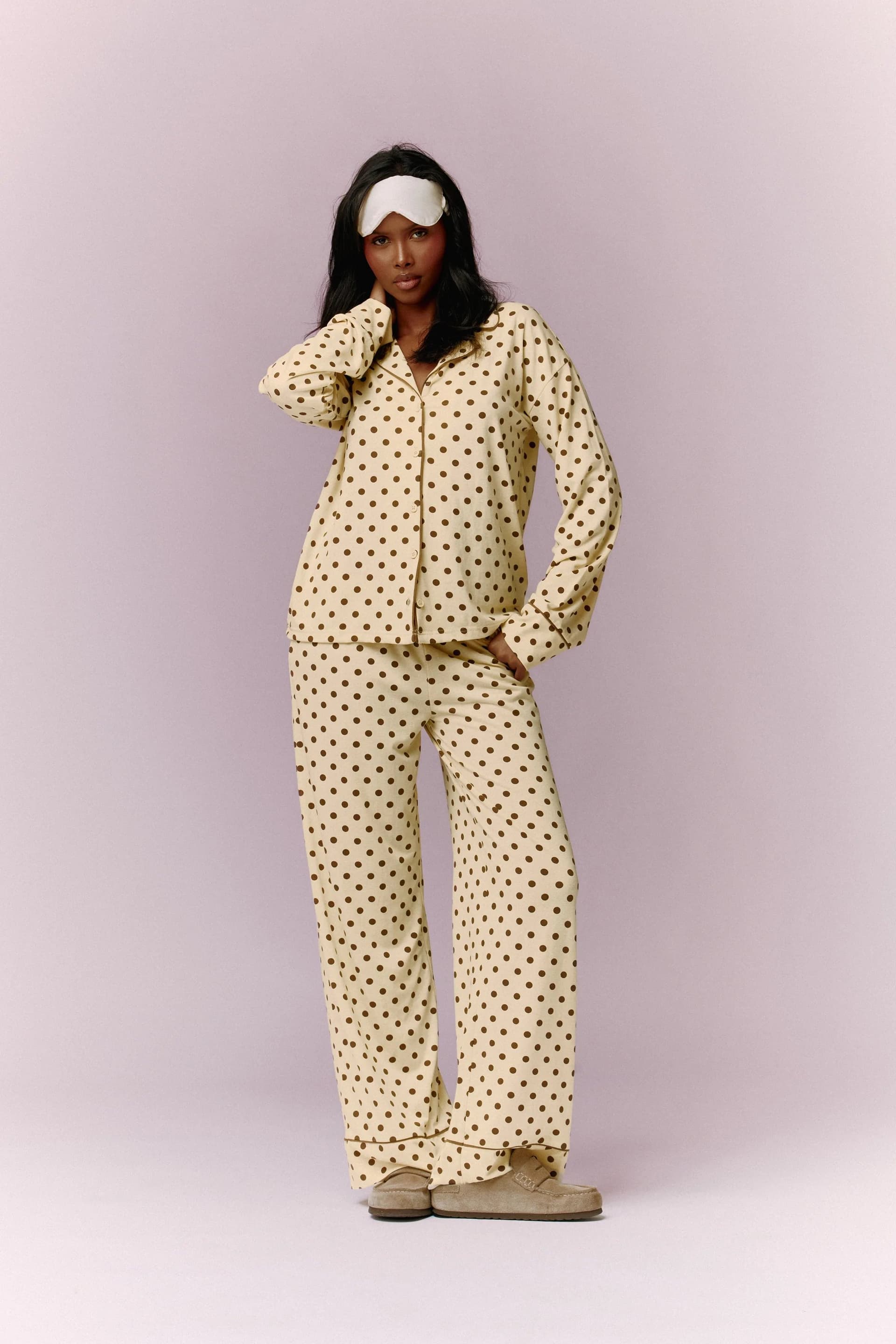 Kaiia Kaiia Polka Dot Button Down Top & Trouser Pyjama Set Lemon & Brown