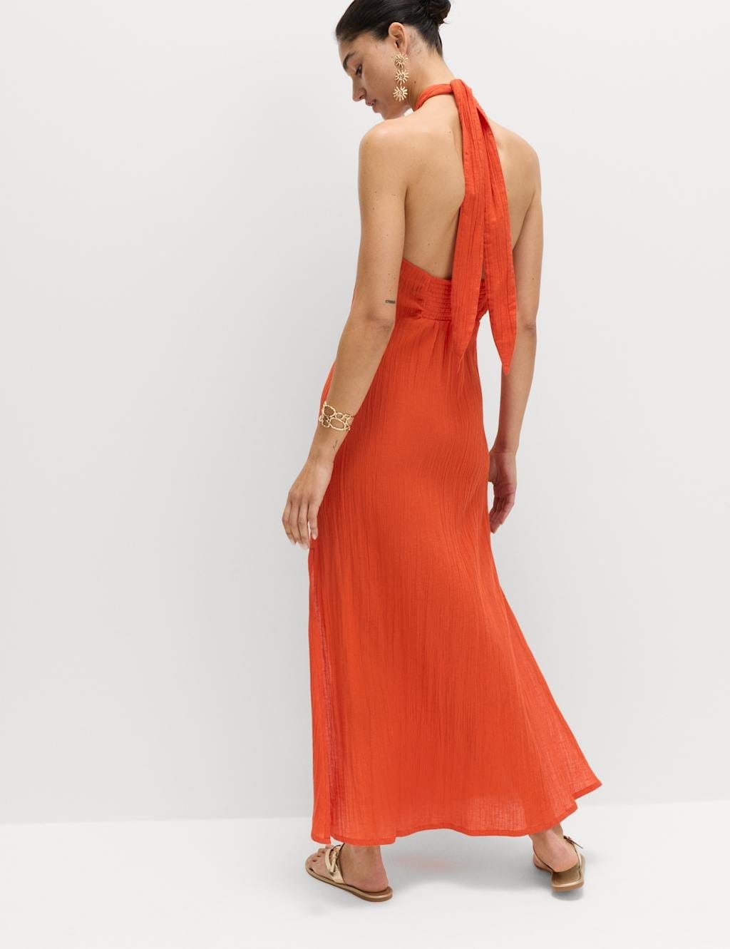 Marks & Spencer M&S Halter Neck Bead Detail Maxi Beach Dress Bright Orange - 4