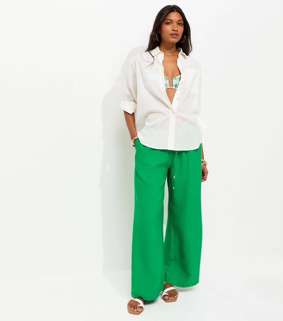 New Look Women's Bright Green Drawstring Wide Leg Trousers New Look