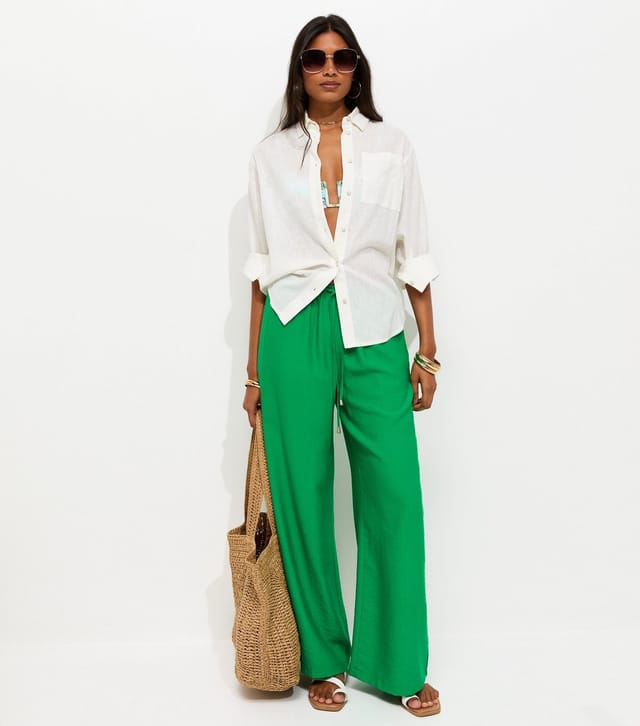 New Look Women's Bright Green Drawstring Wide Leg Trousers New Look - 2
