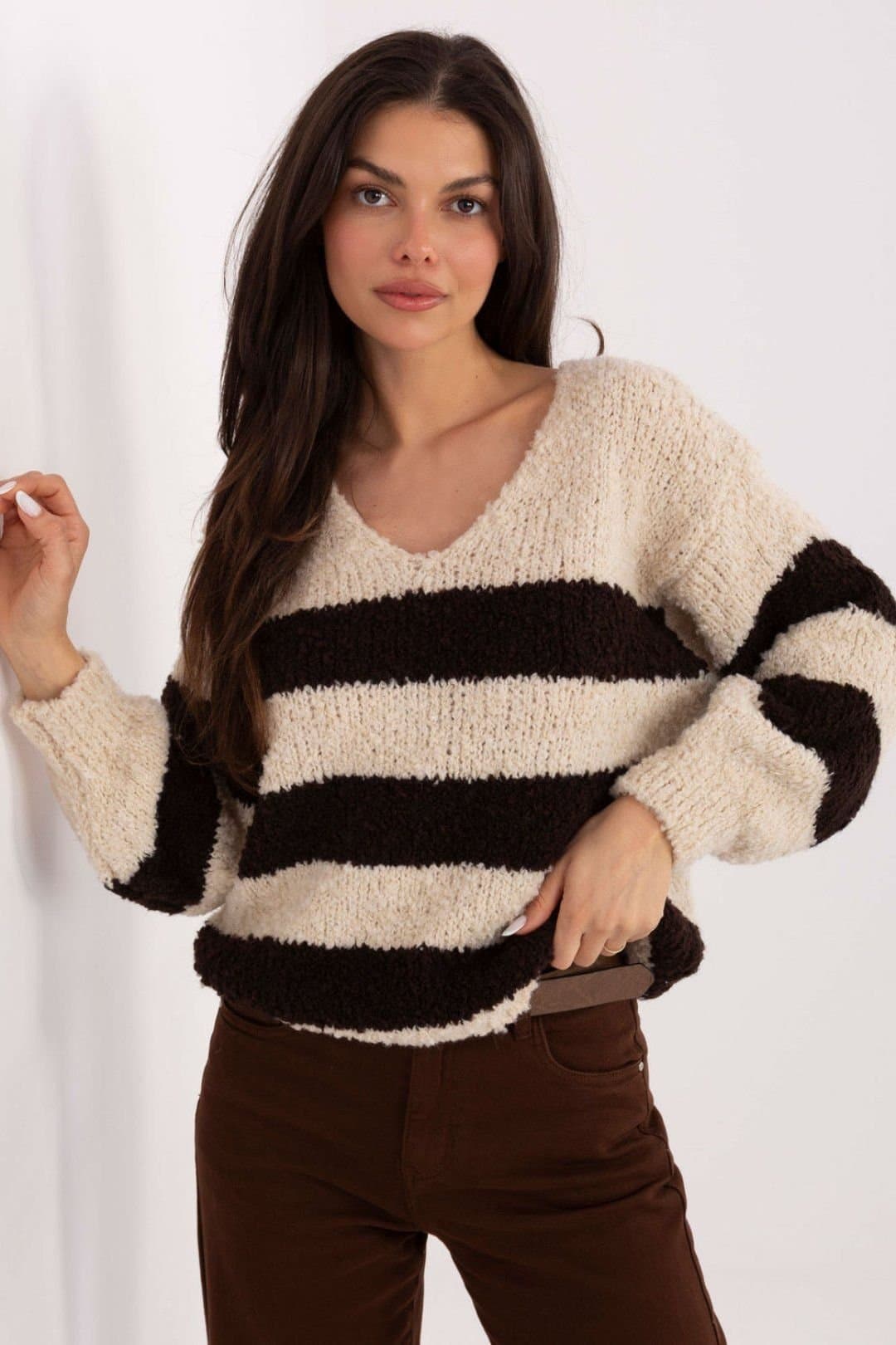 Love Lace Love Lace Women's Oversized Striped V Neck Sweater Style 221551 in Beige