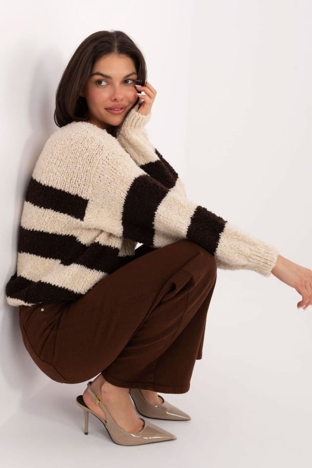 Love Lace Love Lace Women's Oversized Striped V Neck Sweater Style 221551 in Beige - 2